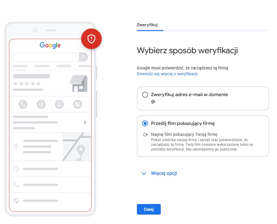 Weryfikacja profilu Google Moja Firma