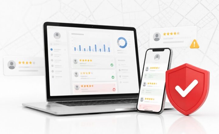 Nowoczesna grafika przedstawiająca zarządzanie opiniami i zgłaszanie opinii do usunięcia w Profilu Firmy Google.