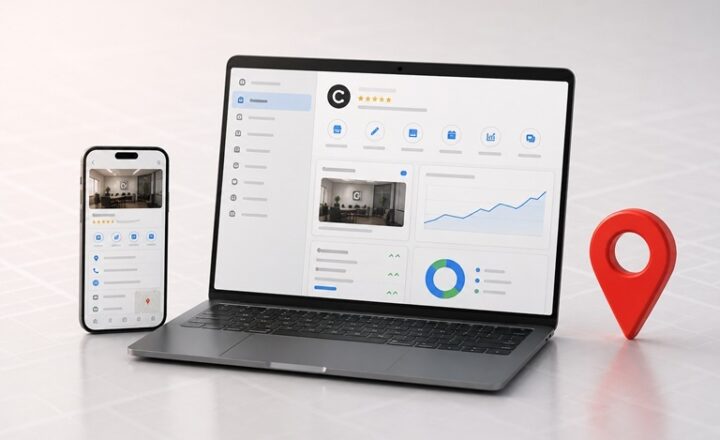 Nowoczesna grafika przedstawiająca Profil Firmy w Google i pozycjonowanie wizytówki Google.