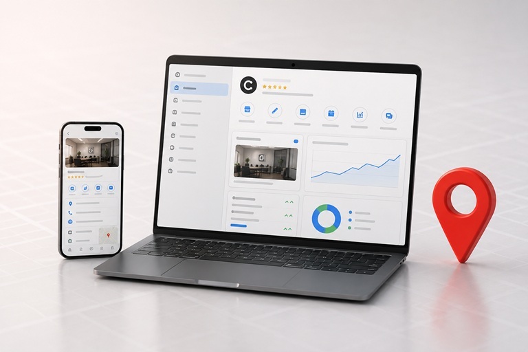 Nowoczesna grafika przedstawiająca Profil Firmy w Google i pozycjonowanie wizytówki Google.