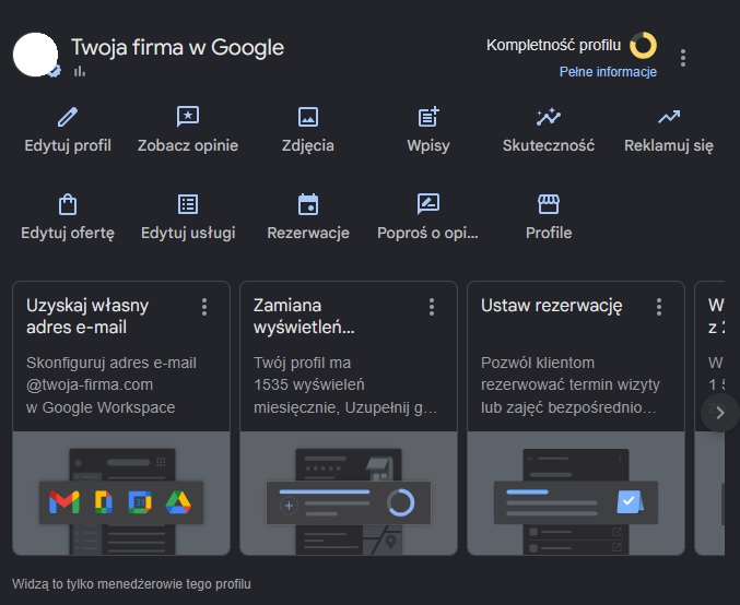 Zzrzut panelu Profilu Firmy z bezpłatnymi funkcjami (edycja profilu, wpisy, statystyki).